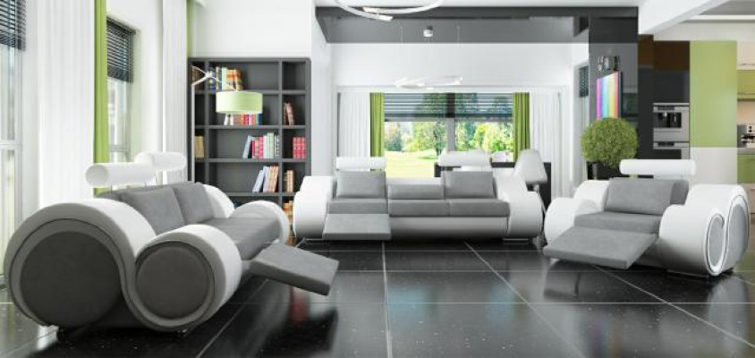 Set di divani in pelle con tessuto per il salotto con divano a 3 posti, 2 posti e 1 posto.