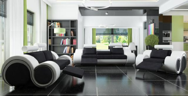 Set di divani in pelle con tessuto per il salotto con divano a 3 posti, 2 posti e 1 posto.