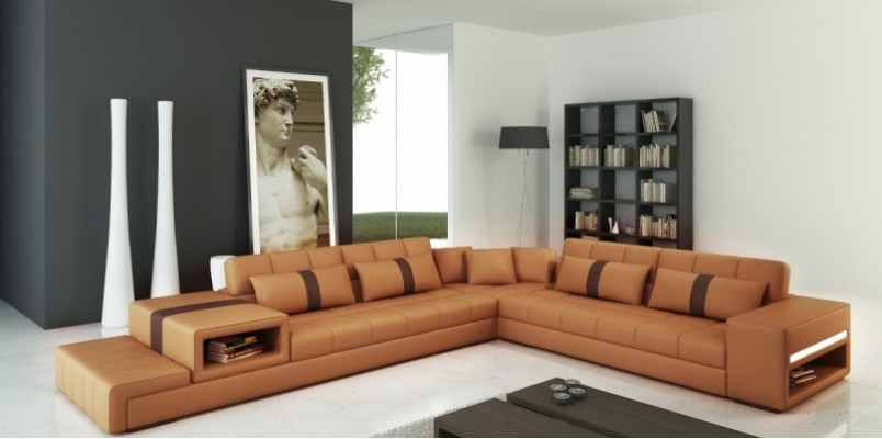 Atmosfera abitativa moderna, divano d'angolo a L in grigio scuro con elegante rivestimento in similpelle.