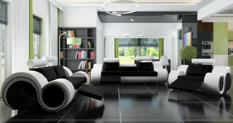 Divano imbottito 3 + 2 posti, divano design in pelle a scelta di colore, set divani neri.