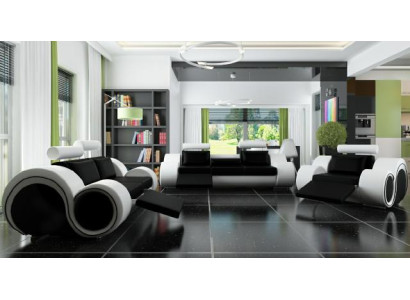 Divano imbottito 3 + 2 posti, divano design in pelle a scelta di colore, set divani neri.