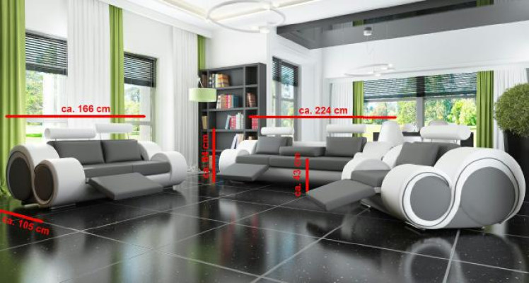 Divano imbottito 3 + 2 posti, divano design in pelle a scelta di colore, set divani neri.