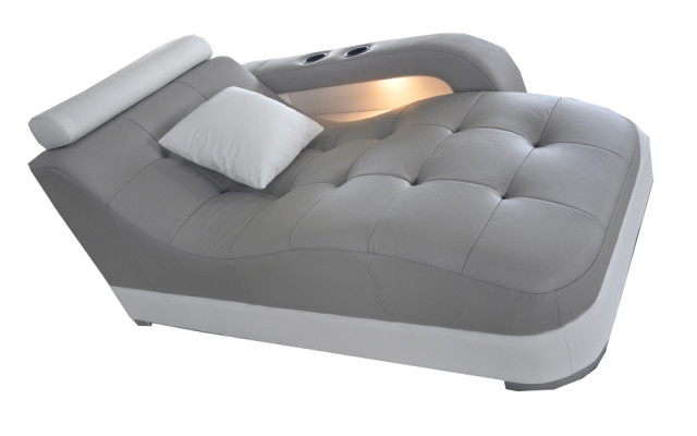 Divano lungo in pelle di design + Pouf con USB, vera pelle relax Chaise