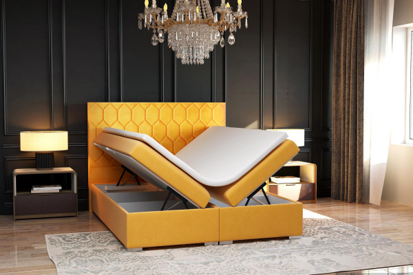 Letto boxspring Design dell'hotel in velluto di lusso con funzione di scrigno imbottito.