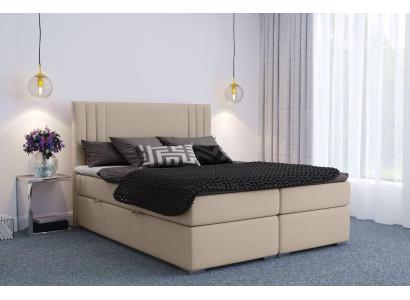 Letto boxspring hotel doppio beige in tessuto di lusso imbottito con funzione a cassetto.