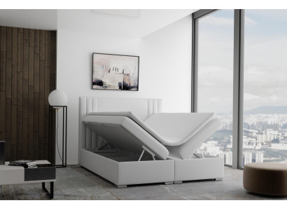 Letto boxspring hotel doppio beige in tessuto di lusso imbottito con funzione a cassetto.