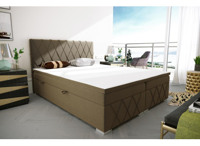 Letto boxspring doppio in velluto di lusso per hotel con funzione di contenitore in marrone.
