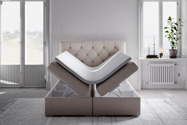 Letto boxspring doppio blu in tessuto di lusso con funzione di contenitore dell'hotel.