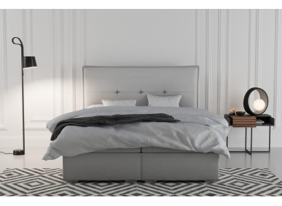 Letto boxspring doppio per hotel in tessuto grigio, letti di lusso con contenitore imbottiti.