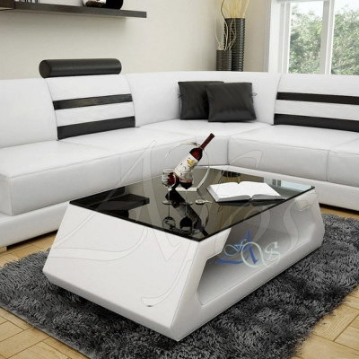 Tavolino design imbottito in pelle e vetro moderno (Amburgo)