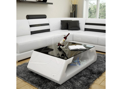 Tavolino design imbottito in pelle e vetro moderno (Amburgo)