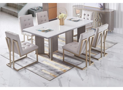 Set da tavolo con tovaglia, tavolo da pranzo con 6 sedie, stile di lusso, mobili 8 pezzi, gruppo di sedie.