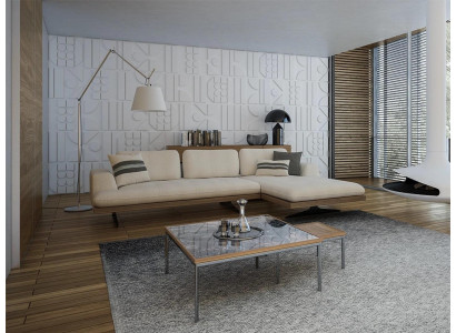 Sofà di lusso moderno per il soggiorno con divano a forma di L e 2 tavolini.