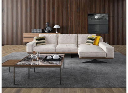 Divano in tessuto di lusso per il soggiorno a forma di L con design, 2 tavolini.