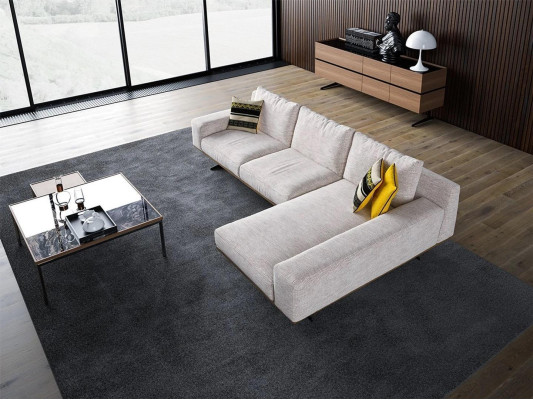 Divano in tessuto di lusso per il soggiorno a forma di L con design, 2 tavolini.