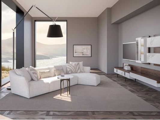Divano soggiorno angolare design a forma di L, rivestimento bianco lussuoso.