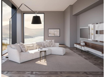Divano soggiorno angolare design a forma di L, rivestimento bianco lussuoso.