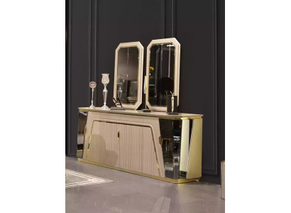 Moderno set da sala da pranzo, tavolo da pranzo con credenza e specchio, nuovo arredamento di lusso.