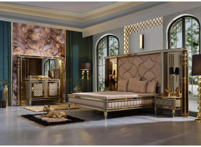 Letto matrimoniale con due comodini in design di lusso di alta qualità in beige con elementi dorati.
