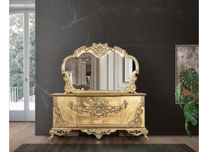 Set di comò con specchio, gruppo di comò in legno, mobile barocco.