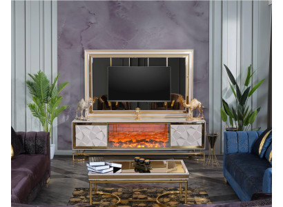 Supporto da parete per camino per TV con tavolino da caffè in elegante design premium in acciaio inossidabile.