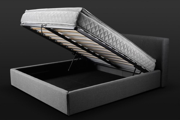 Letto matrimoniale grigio imbottito con vano contenitore design elegante tessuto letto.