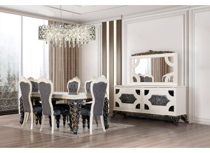 Gruppo sala da pranzo di lusso con 6 sedie, tavolo da pranzo, credenza, set sala da pranzo 9 pezzi.