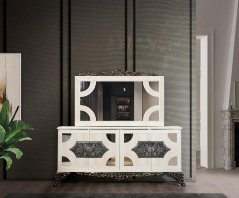 Gruppo sala da pranzo di lusso con 6 sedie, tavolo da pranzo, credenza, set sala da pranzo 9 pezzi.