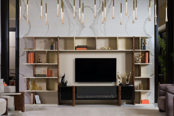 Mobili da soggiorno moderni in legno, stile regale, per TV, parete abitativa.