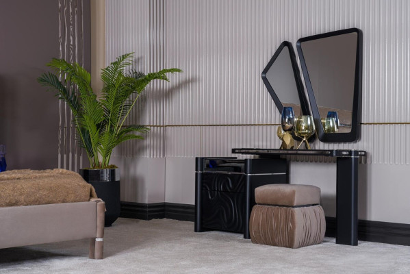 Vanity con specchio sgabello Trucco Camera da letto Design Mobili Legno 2 pezzi.