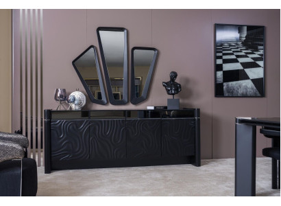 Set da pranzo nero Sala da pranzo Tavolo da pranzo 6x Sedia Credenza 3x Specchio Gruppo da pranzo di lusso