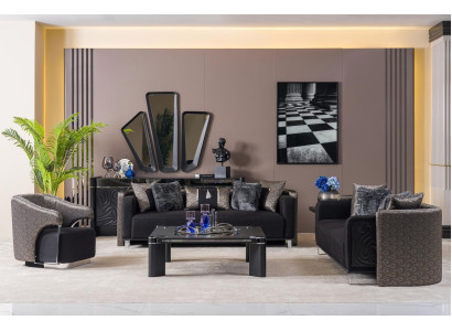 Sofà 3+3+1 posti Set soggiorno completo in tessuto divano poltrona legno nuovo.