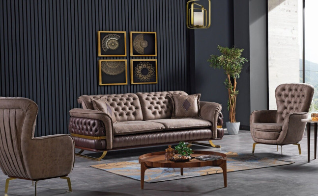 Set di divani Chesterfield da 3+3+1 posti in stoffa per imbottiture e rivestimenti di alta qualità.