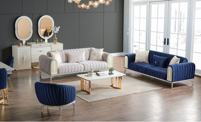 Sofà 3+3+1 posti in tessuto blu con poltrone in legno.