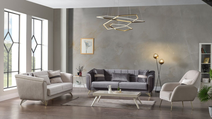 Divano design set soggiorno 3+3+1 posti, divano imbottito in velluto grigio.