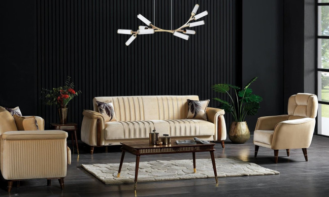 Divano componibile 3+3+1 posti in tessuto beige con sedia in legno per il soggiorno.