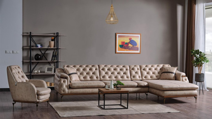 Set di lussuoso soggiorno con poltrona e divano ad angolo a L, stile moderno completo Chesterfield.