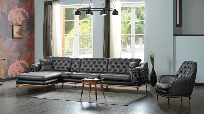 Set soggiorno nero con divano ad angolo a forma di L, poltrona moderna stile Chesterfield completo.