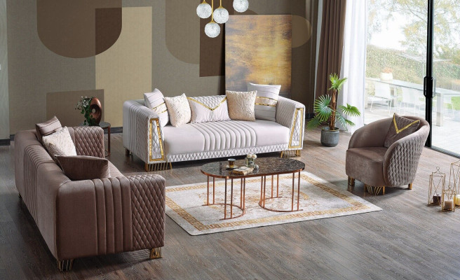 Set di mobili premium per soggiorno con 3+3+1 posti a sedere, divanetto 2x e poltrona.