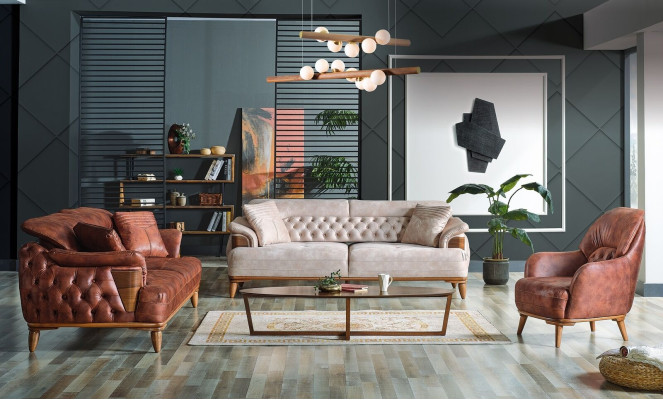 Set di divani classici 3+3+1 posti modello Chesterfield con poltrona relax, divano e mobili nuovi.