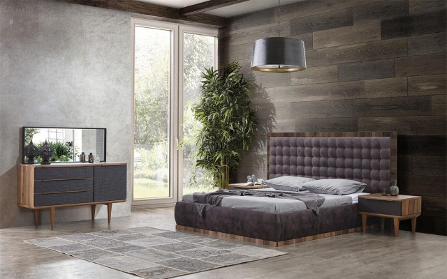 Set da camera da letto Letto + 2 comodini + cassettiera + specchio Mobili design 5 pezzi