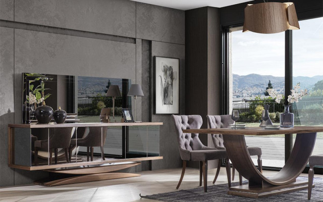 Set da sala da pranzo 6 sedie Tavolo da pranzo Madia Set Specchio Sala da pranzo Designer Nuovo