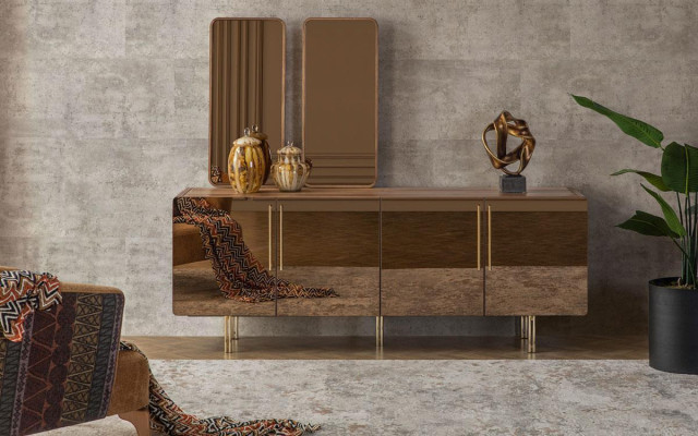 Sideboard con 2 specchi - lussuoso set di mobiletti con cassetti in legno, moderno.