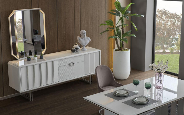 Set da pranzo di lusso - tavolo da pranzo + 6 sedie + credenza con specchio, moderno e completo.