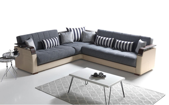 Divano ad angolo a L + poltrona grigia Set completo per soggiorno 2 pezzi. Mobili di lusso.