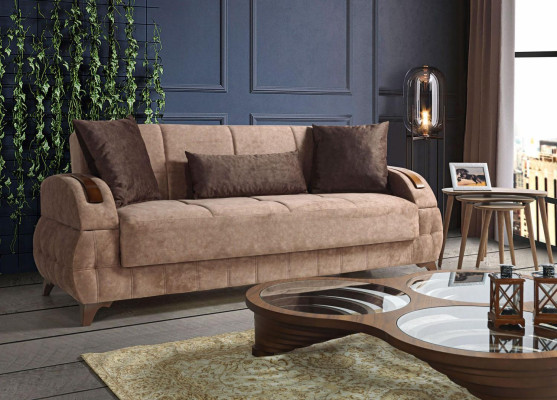 Set di divani design 3+2+1+1 posti in tessuto marrone con cuscini per sedile.