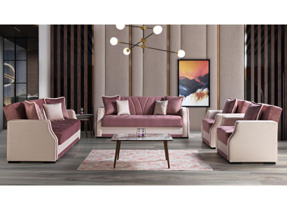 Set completo di lussuosi divani moderni per il soggiorno con un totale di 3 posti + 2 poltrone + 1 pouf + 1 tavolino, nuovi.