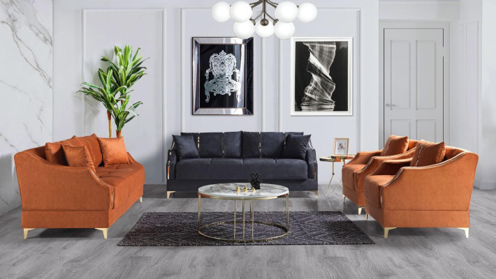 Divano angolare 3+2+1+1 posti set soggiorno completo tessuto divano poltrona legno nuovo