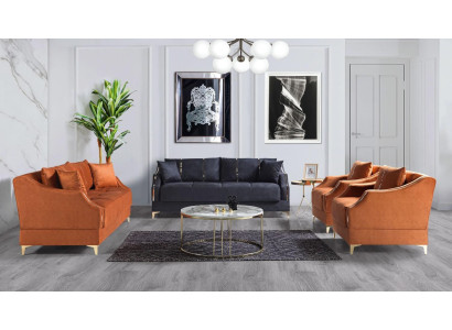 Divano angolare 3+2+1+1 posti set soggiorno completo tessuto divano poltrona legno nuovo