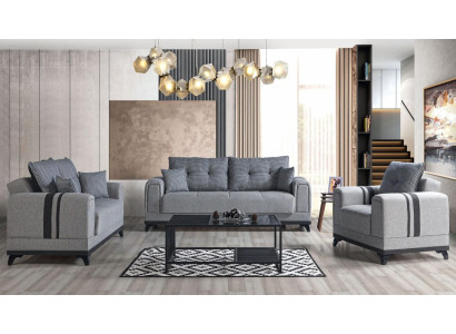 Gruppo divano grigio 3+2+1 posti in tessuto e legno, divano e poltrona, set completo.